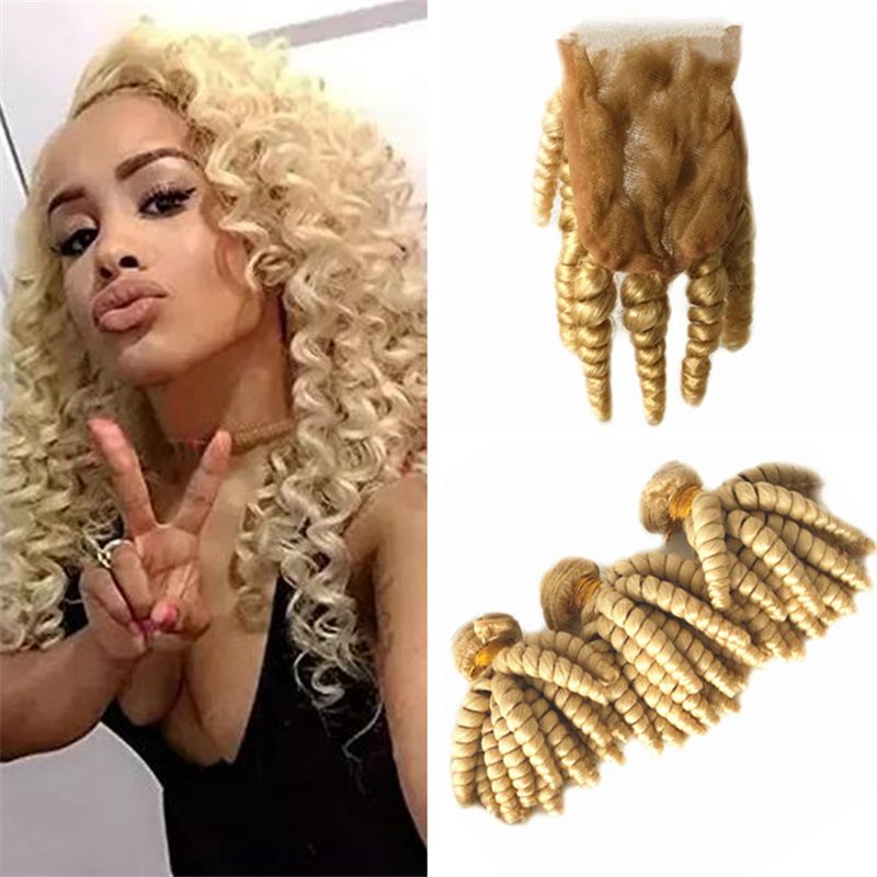 2019 Bleach Blonde 613 Funmi Hair Bundles With Lace Closure Bouncy
