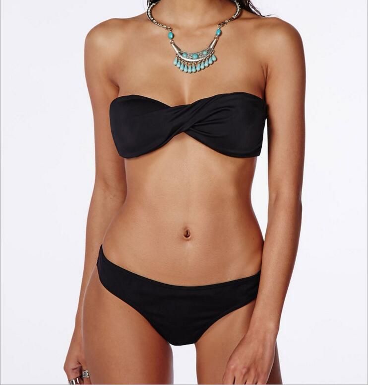 Traje de baño sin tirantes Bikinis atractivos Conjunto de color sólido de poca altura Empujar hacia Traje de baño sin tirantes Bikinis atractivos Conjunto de color sólido de poca altura Empujar hacia