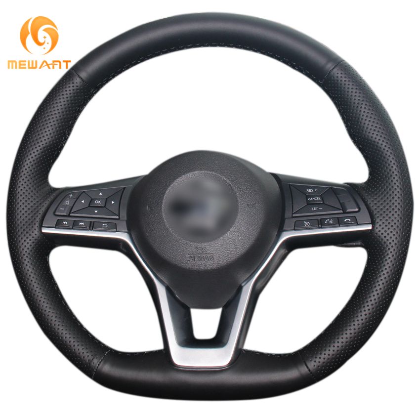 MEWANT Hand Stitched Black Genuine Leather Car Steering Wheel Cover