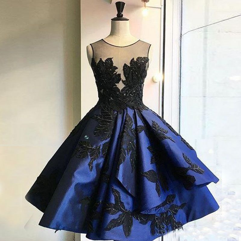 Royal Blue Short Prom Dresses Sheer Neck Sleeveless Appliques