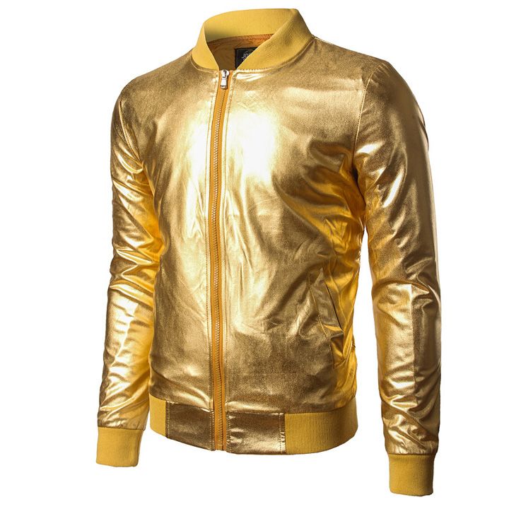 Frieed Mens Stand Collar Bomber Biker Zipper Baseball Sport Club Metallic Jacket