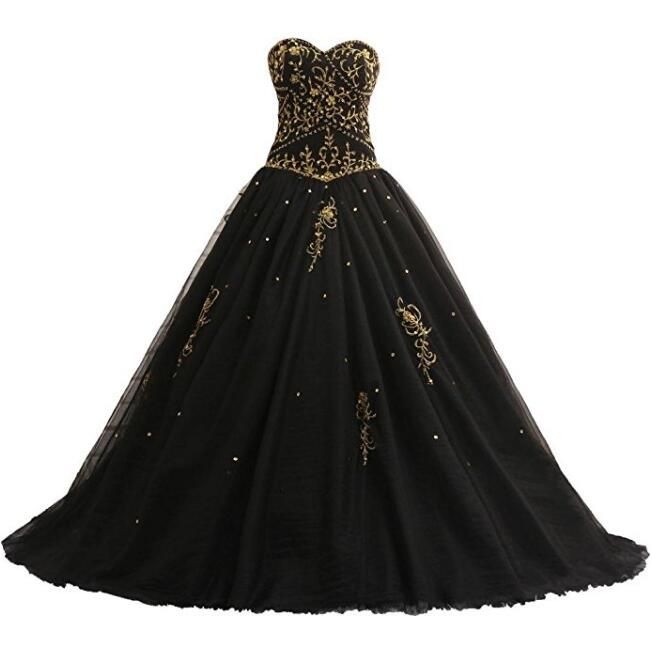 DiscountGothic Black Ball Gown Wedding Dresses With Gold Embroidery ...