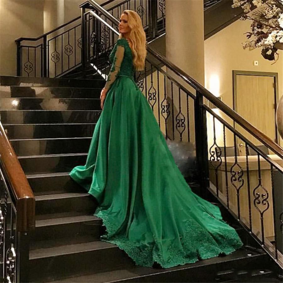 vestidos de noche de color verde 2018 Vestido fiesta de manga larga con