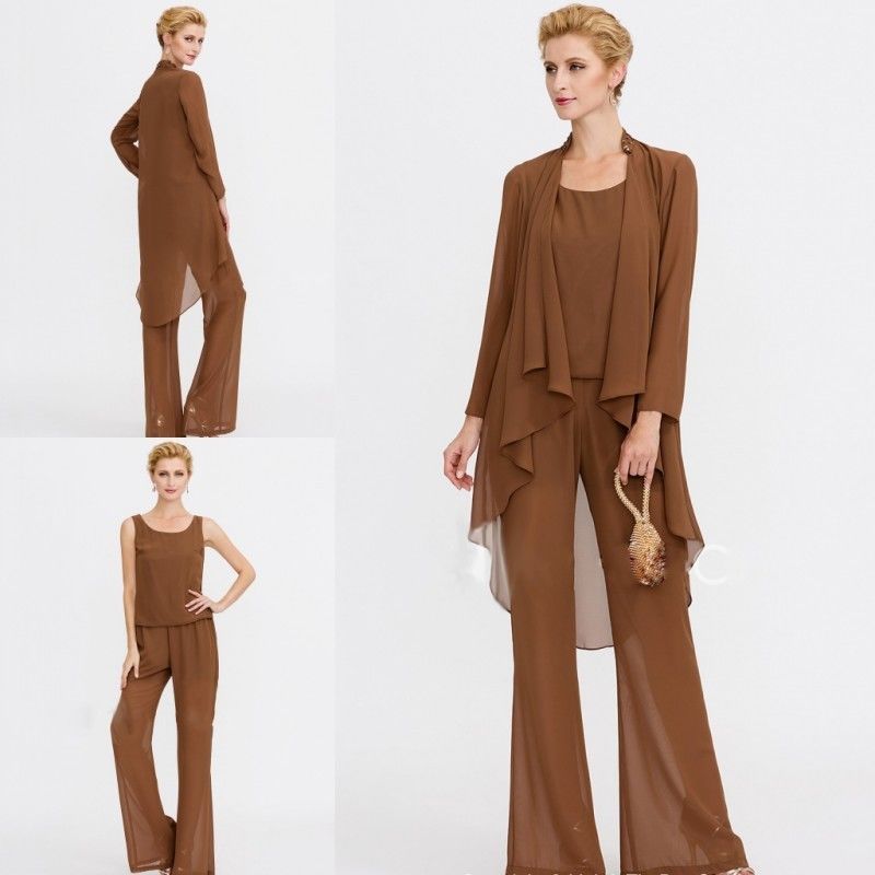 Three Piece Pant Suits Mother Of The Bride Dresses Chiffon Long Sleeve Plus Size Custom Elegant