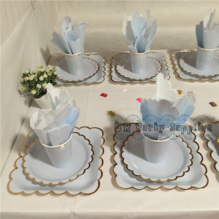 2019 Light Blue Foil Gold Party Paper Tableware Paper Plate Cups
