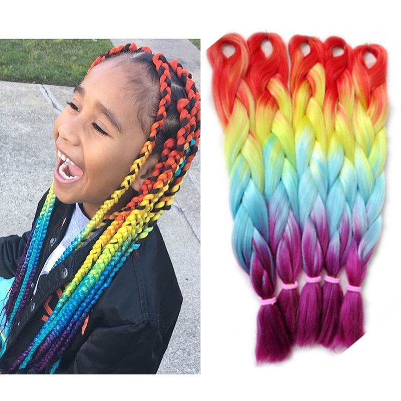 Orange Yellow Blue Purple Ombre Braiding Hair Four Tone Colors