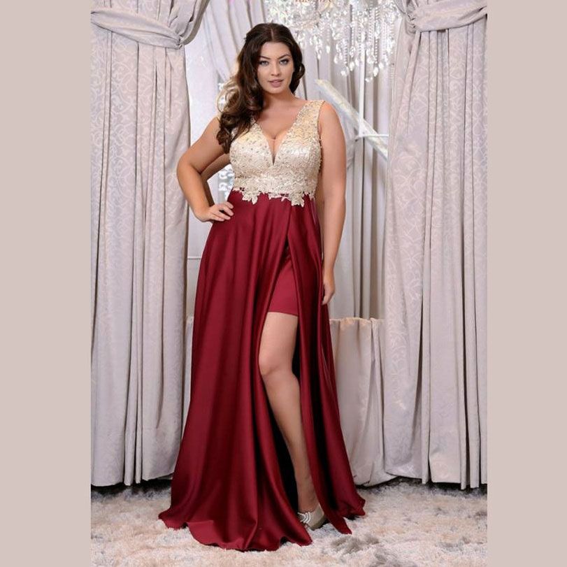 Moda de talla grande Vestidos de fiesta de encaje Vestidos de fiesta con escote en V con cuello en V Vestidos de fiesta Lado dividir vestido formal Moda de talla grande Vestidos de fiesta de encaje Vestidos de fiesta con escote en V con cuello en V Vestidos de fiesta Lado dividir vestido formal
