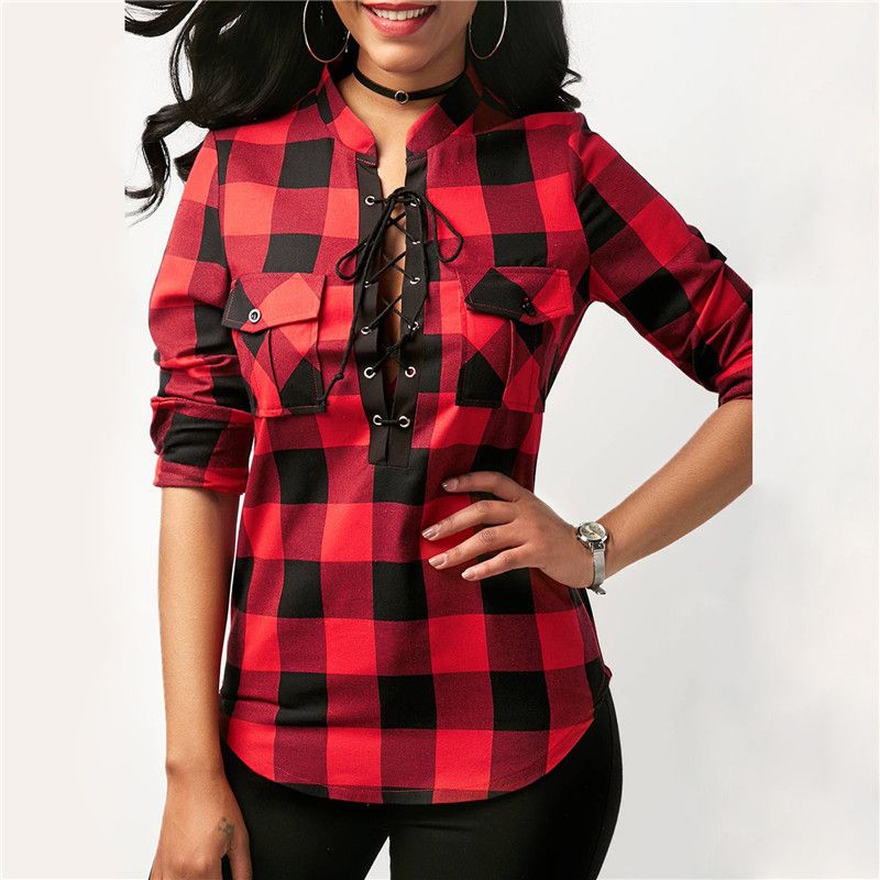 a cuadros de mujer 2018 Blusas de manga larga de primavera Camisa de señora de