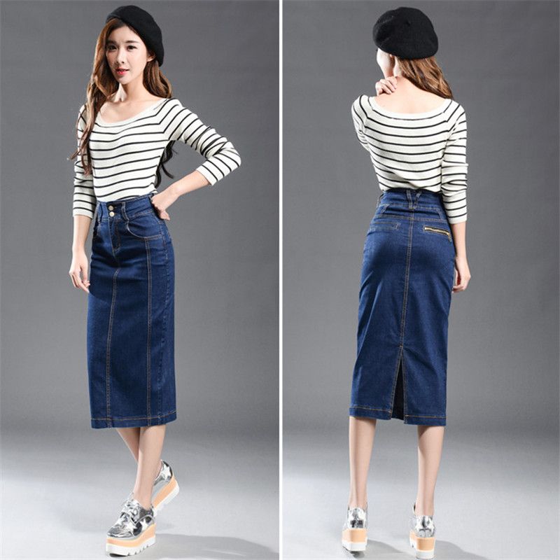 long high waisted denim skirt