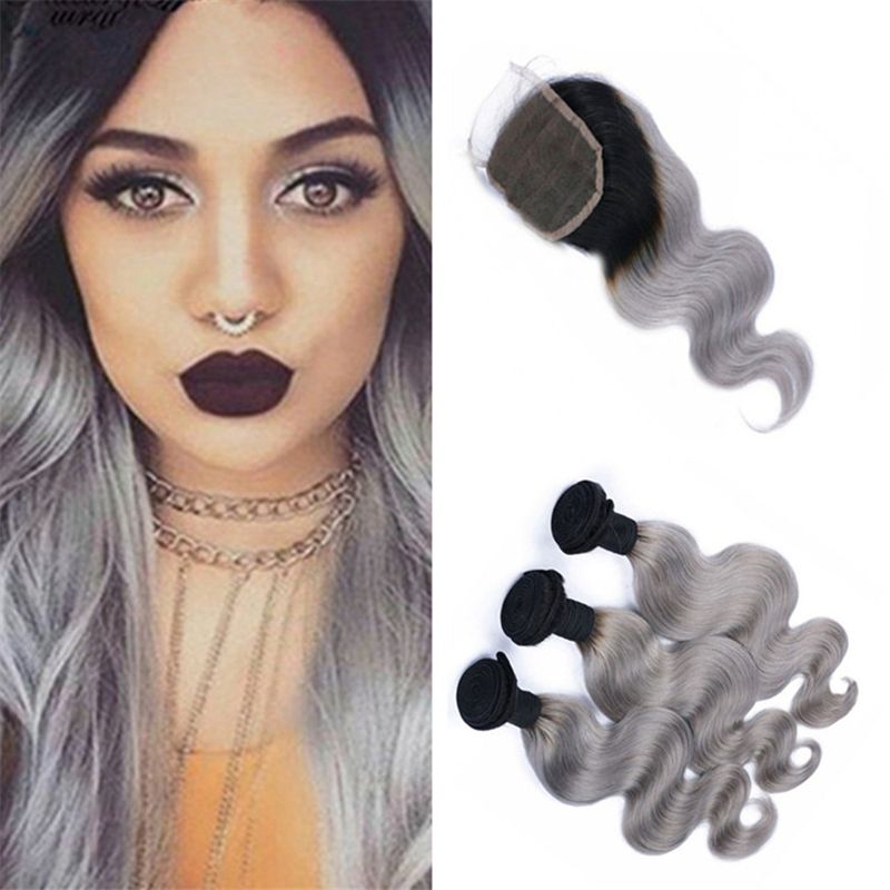 2020 Silver Grey Ombre Human Hair Weave Bundles With Lace Closure