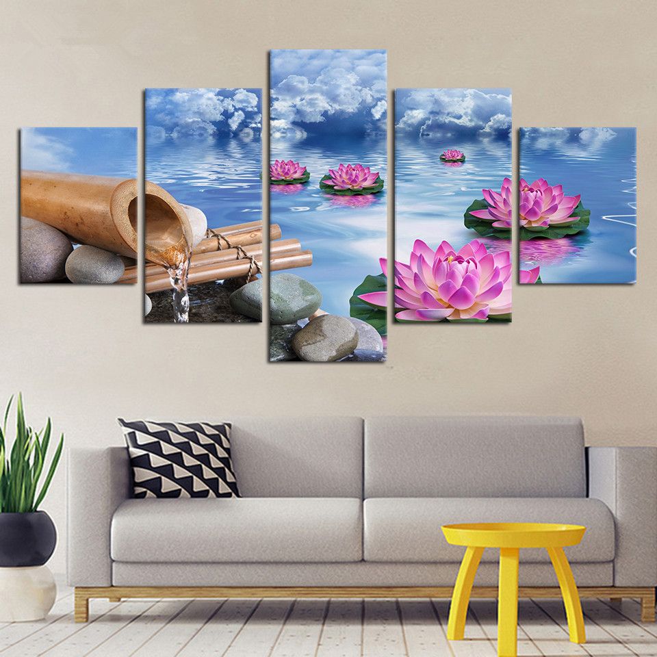 Acquista Decorazione Quadri Modulari Su Tela Quadro 5 Pezzi Fiore Di Loto E Bambu Paesaggio Poster Dipinti Decorazione Soggiorno A 9 13 Dal Fashion Wallart Dhgate Com