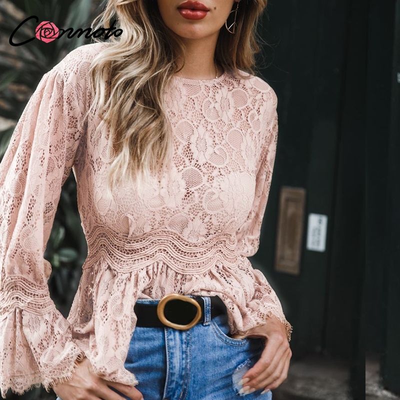 Conmoto Otoño Invierno Encaje de manga Camisa Fiesta Blusa informal Office Lady