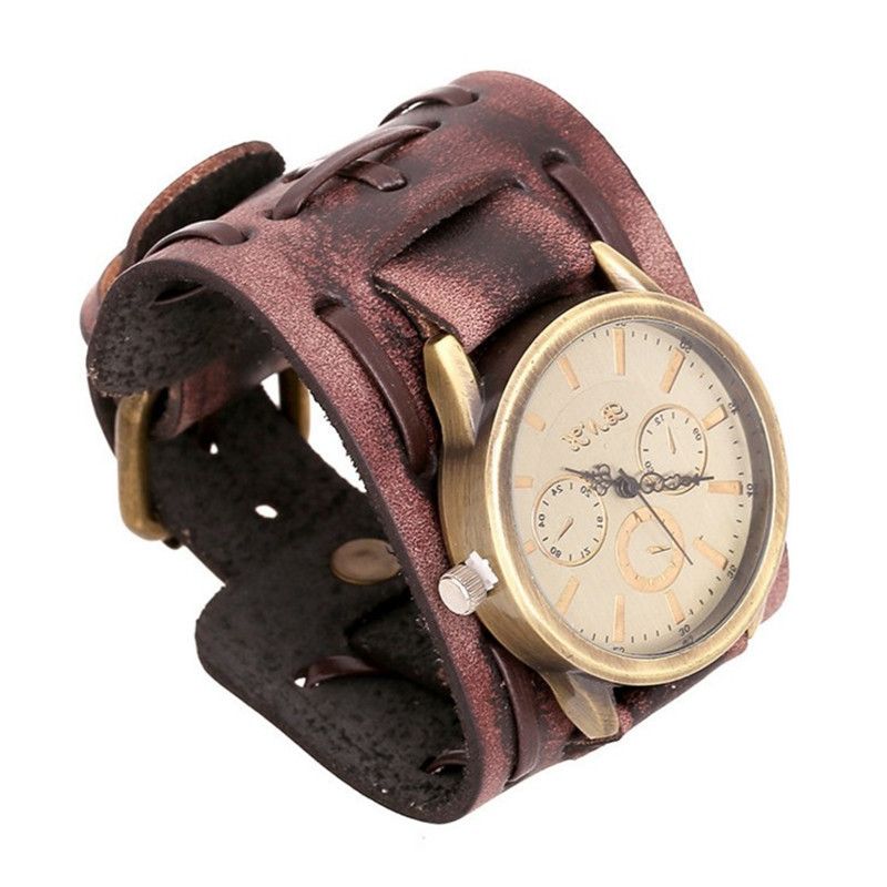 Retro para hombre tejida ancha correa de cuero pulsera del reloj Punk Brown Cobre