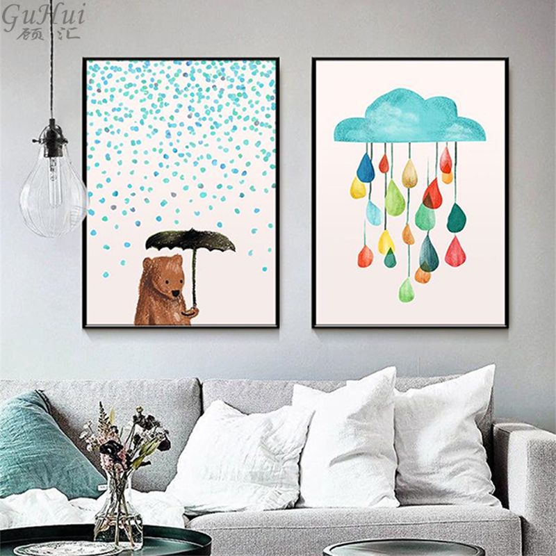 Acheter Nordic Multicolore Gouttes De Pluie Nuages Dessin Anime Parapluie Ours Peinture Sur Toile Mignonne Animaux Affiche Chambre Enfant Decoration Mur Photo De 11 5 Du Brendin Dhgate Com