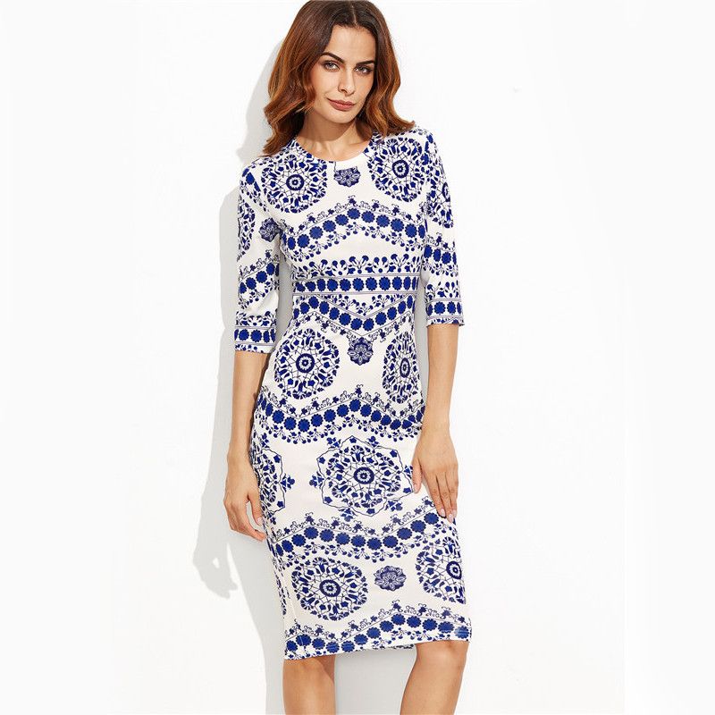 blue and white porcelain print dress