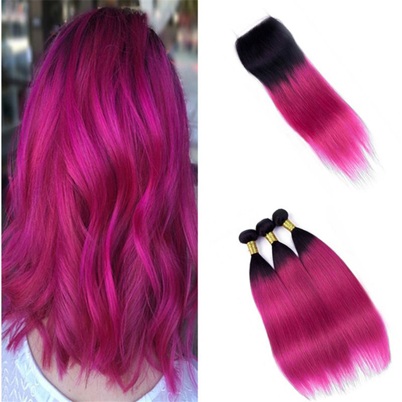 2019 Black Roots Hot Pink Ombre Lace Closure With Bundles Silky