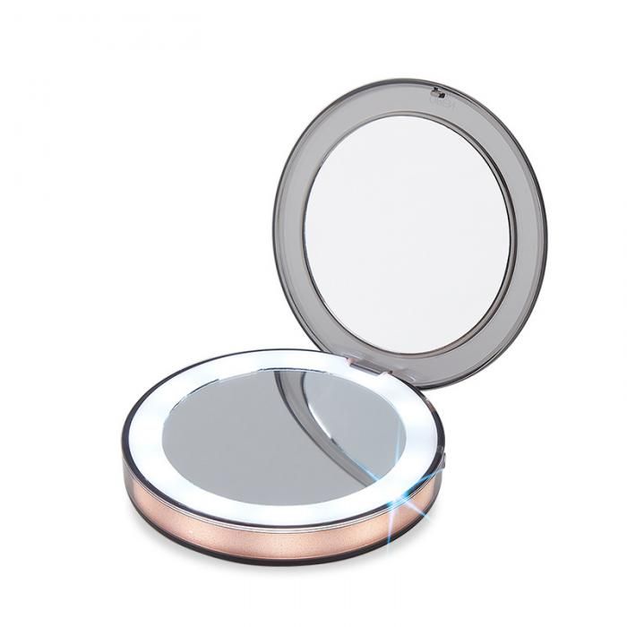 Led Lighted Mini Makeup Mirror 3x Magnifying Compact Travel Portable Sensing Lighting Green Pink Rose Gold Vanity With Bathroom
