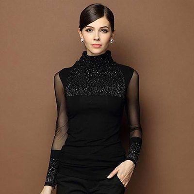 Tallas Moda Mujer Blusa de encaje de punto de alto Blusa negra Camisa