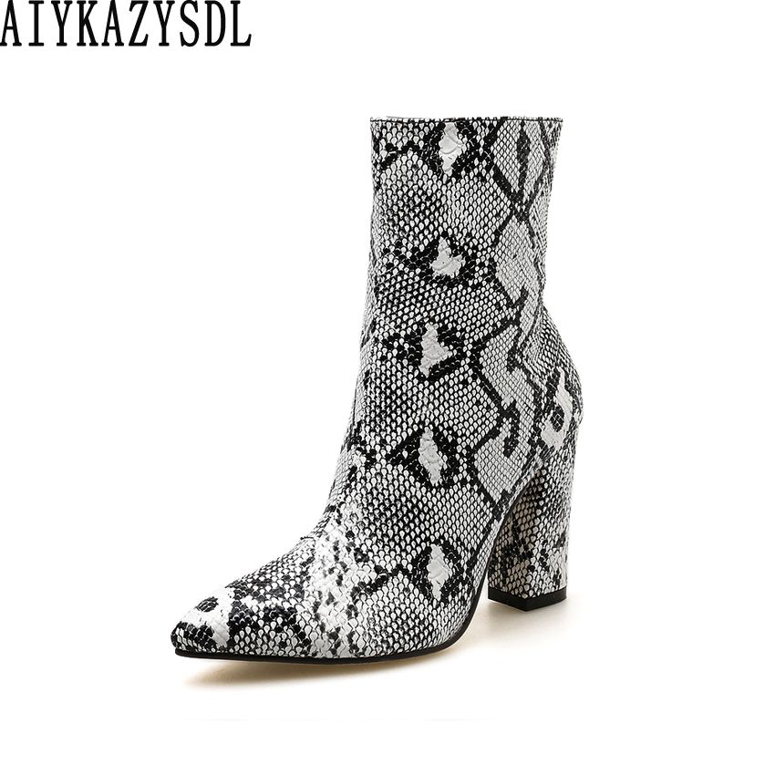 Aiykazysdl Leopard Snakeskin Print Boots Women Thick Block High