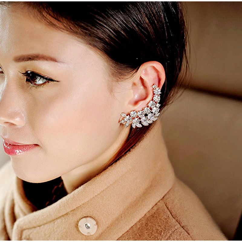 New 1pc Flower Shape Rhinestone Left Ear Cuff Clip Golden Earring Ear Stud