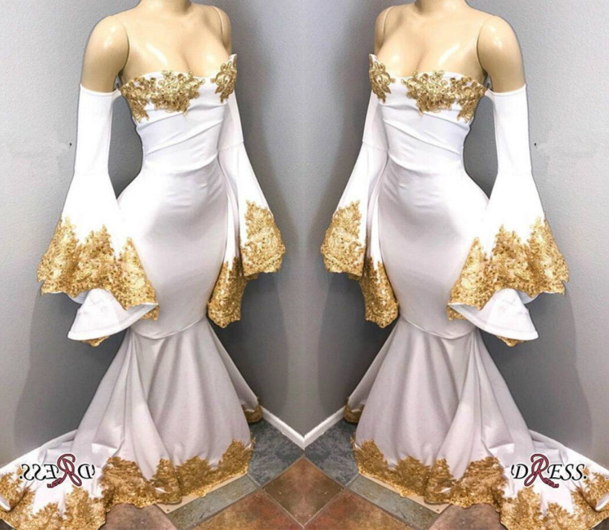 Vintage Prom Dresses White Satin Gold Lace Appliques Bell Sleeves