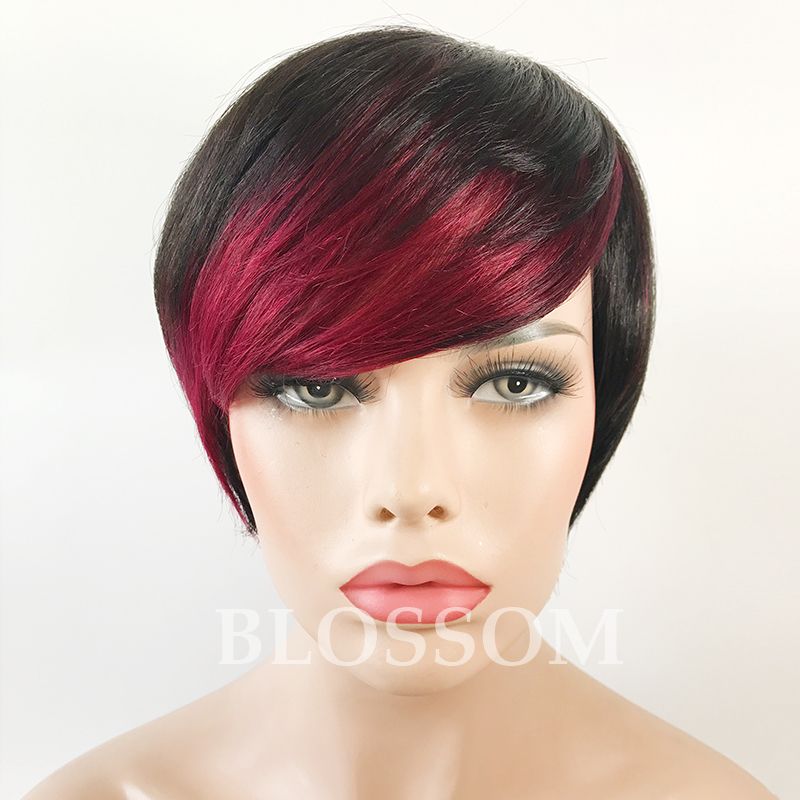 New Ombre Short Wigs for Black Women Black Rooted Side Blue Red Bangs Blue  Hair Highlights