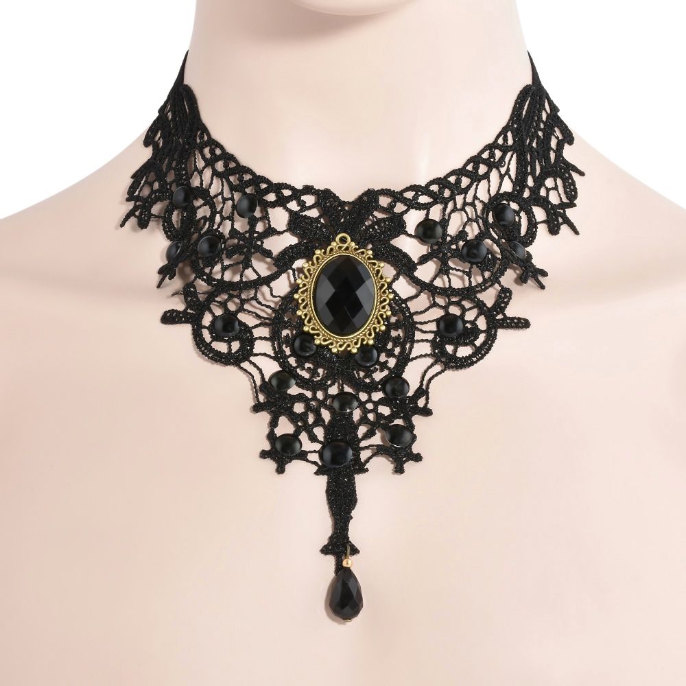 Black Choker Steampunk Gothic Classic Retro Vintage Lace Necklace Cameo Pendant 