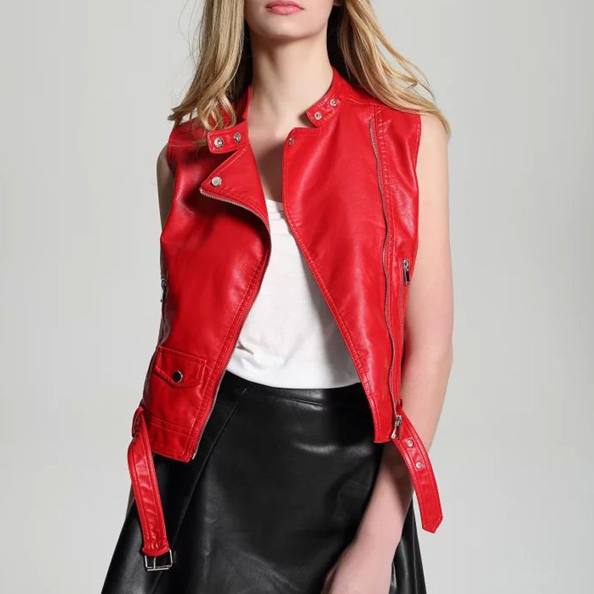 red sleeveless leather jacket