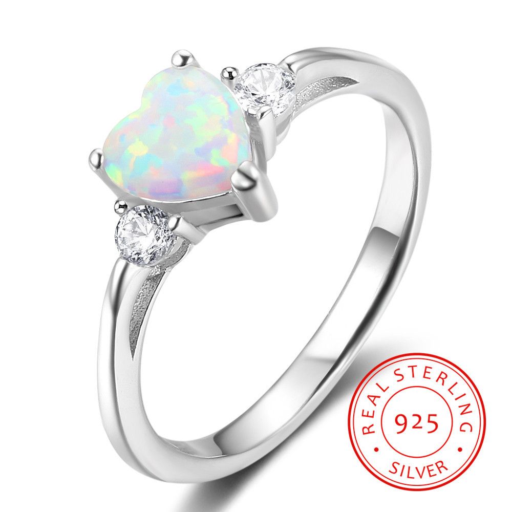 United States Distributor Rhodium Plated Rings White Fire Opal Genuine 925 Silver Heart Shaped Finger Ring Designs For Girls Silver Rings Black