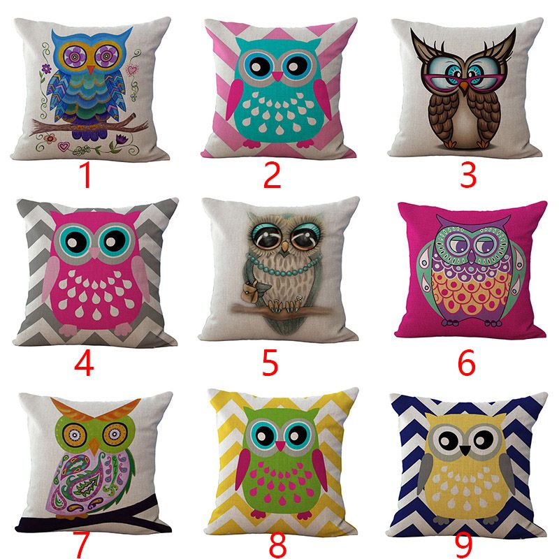 Carton Owl Pillow Case Cushion Cover Linen Cotton Throw