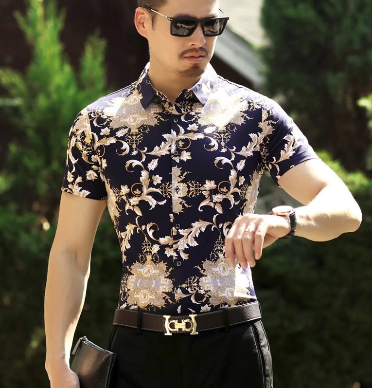 Luxury Flower Print Shirt Men Silk 