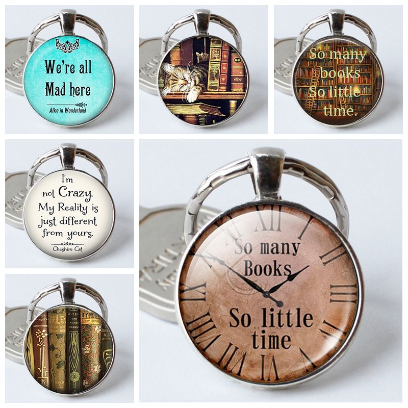 Acheter Pas Cher Tant De Livres Si Peu De Temps Plaque Porte Cles Citation Ronde En Verre Dome Pendentif Porte Cles Porte Anneaux Mans Femme Cadeau Du 4 1 Fr Dhgate