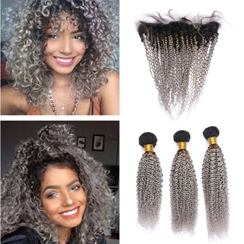 2019 Dark Roots Grey Ombre Kinky Curly Hair Bundles With Frontal