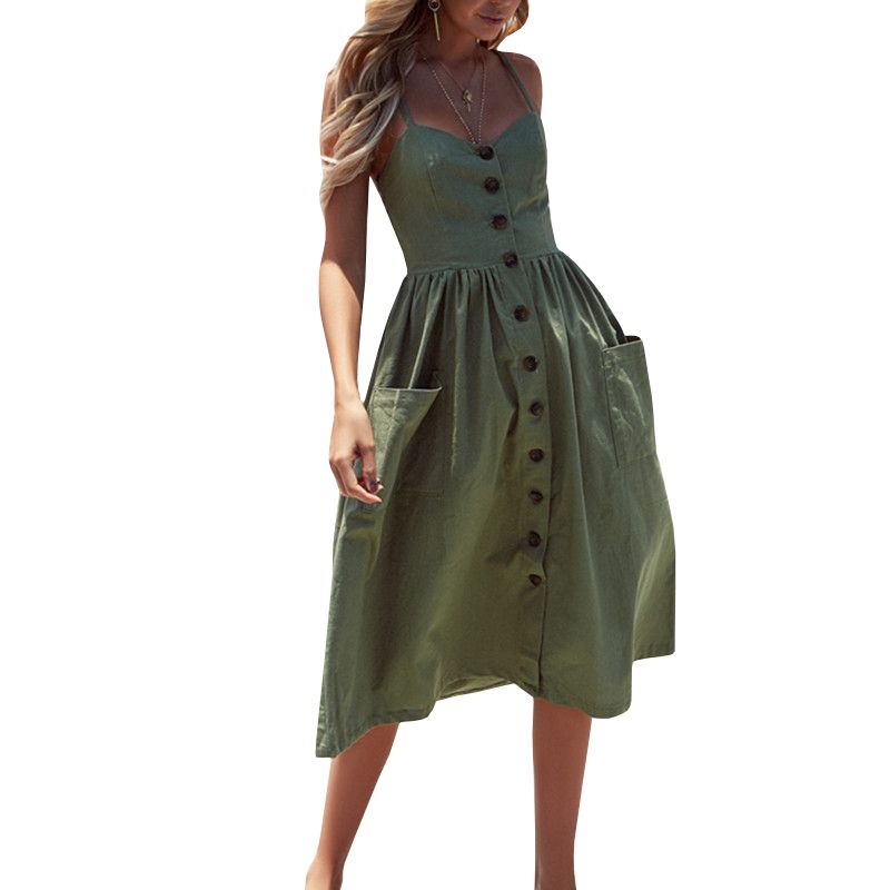 Women's Backless Button Down Striped Print Midi With Pockets Boho Vintage Dress