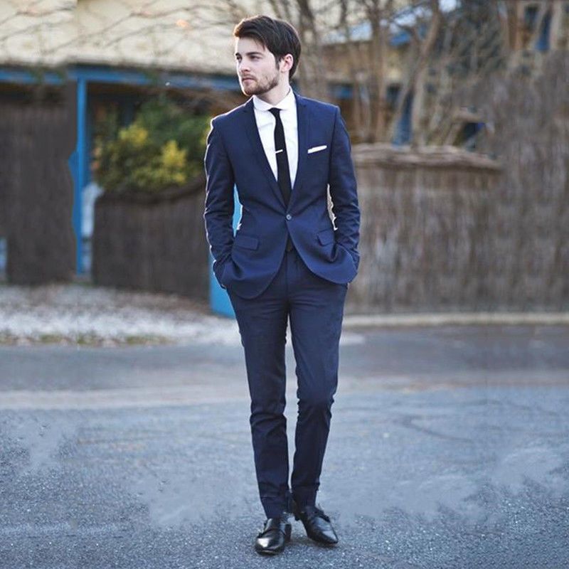 Trajes de hombre de negocios azul marino para trajes de Un botón Slim Fit Novios