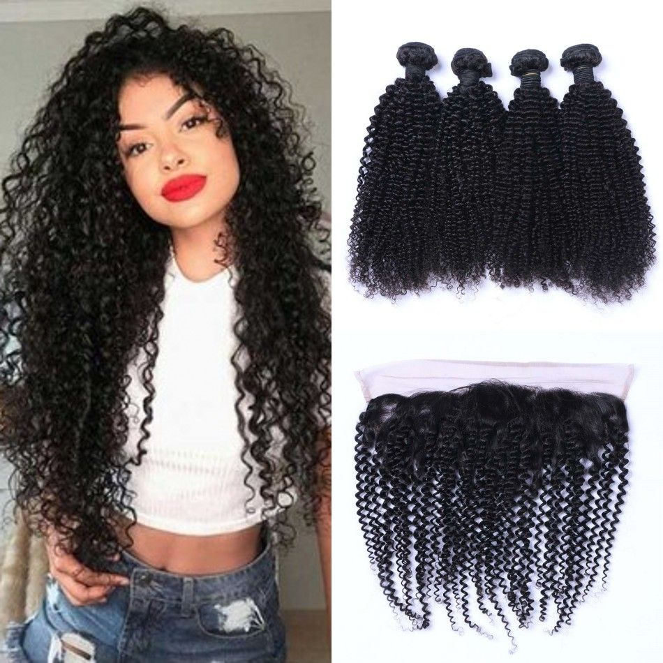 2021 Kinky Curly Virgin Hair Bundles With Frontal Peruvian Human Hair 13x4 Lace Frontal With 4 