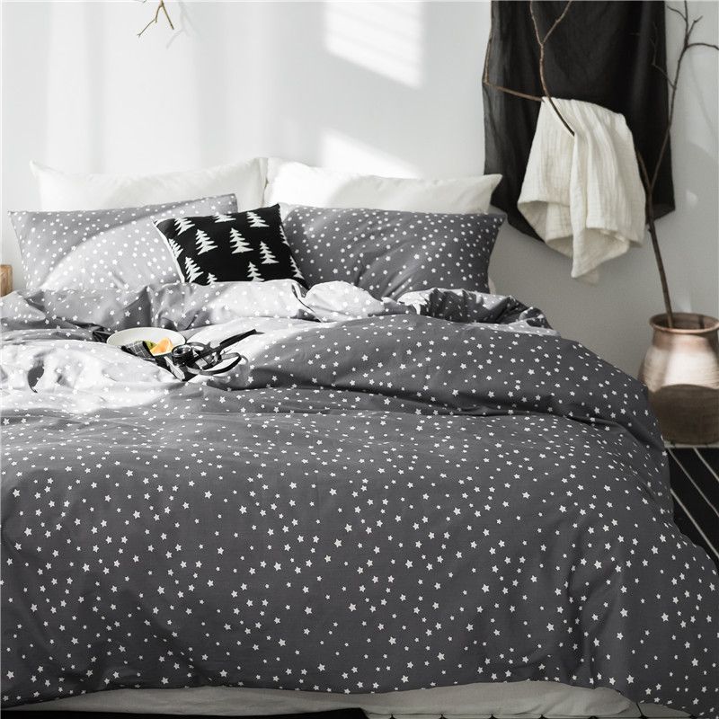 Twin Queen King Size 100 Cotton Star Print Grey Bedding Set For