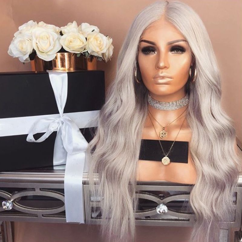 High Quality Body Wave 180 Density Heat Resistant Hair Ash Gray Lace Front Wig Middle Part Glueless Synthetic Wigs For Black Women Toupee Uk Wigs