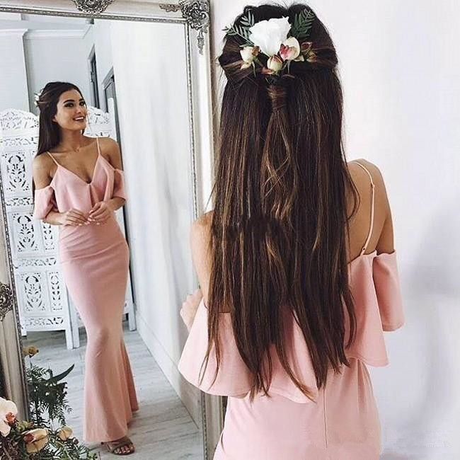 Sexy Spaghetti Straps V Neck Prom Dresses Long Mermaid Zipper Back