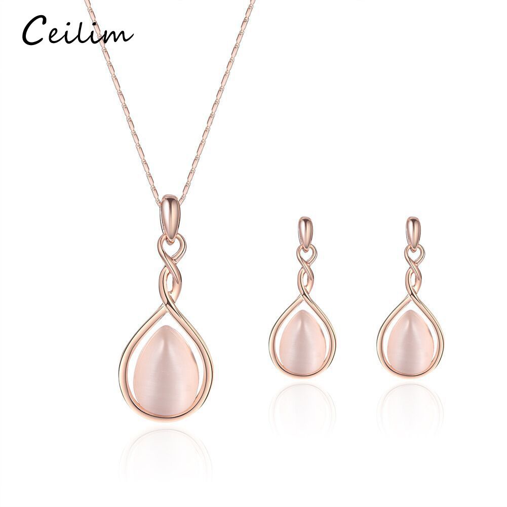 Opale goccia collana e orecchini set placcato in oro bianco 18 K Opale goccia collana e orecchini set placcato in oro bianco 18 K