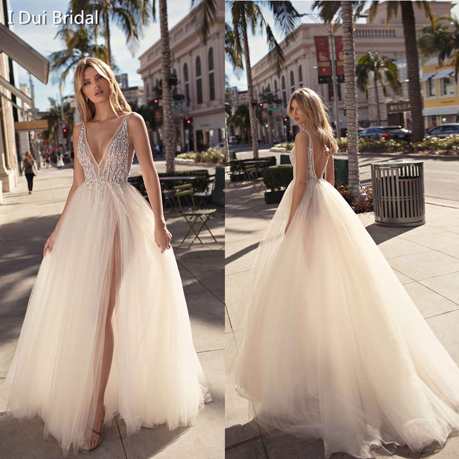 Acquistare Abito Da Sposa Sexy A Spacco Alto Con Scollo A V, Con Paillettes  E Tulle In Tulle Economico | Consegna Veloce E Qualità | DHgate Italy