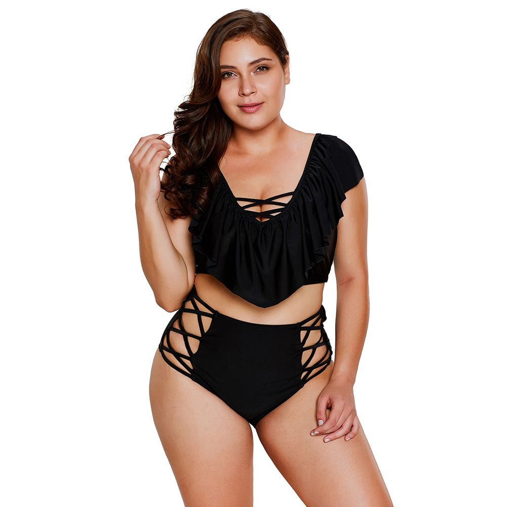 Traje de baño tallas grandes 3XL Tankini entrecruzado negro Traje de baño de cintura alta