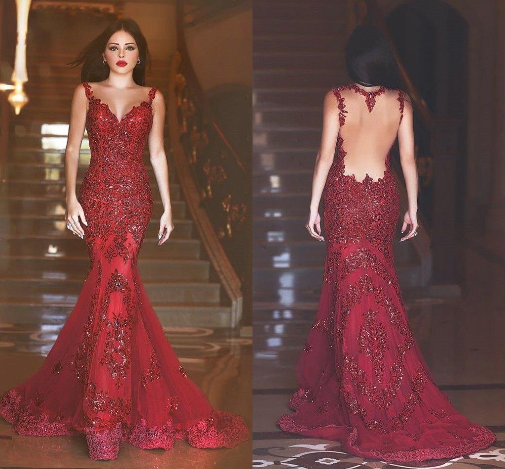 red mesh prom dress