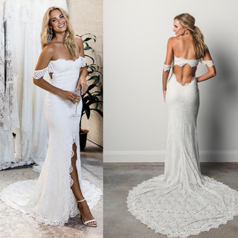 Acheter 2019 Sexy Robe De Mariée En Dentelle Dépaule Sirène Sans Bretelles Haute Fente Dos Ouvert à Larrière Sans Manches Longue Plage Robes De