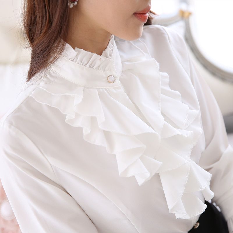 Women Ruffle Collar  Shirt Chiffon High Neck Button Frill Blouse Top Plus Size 