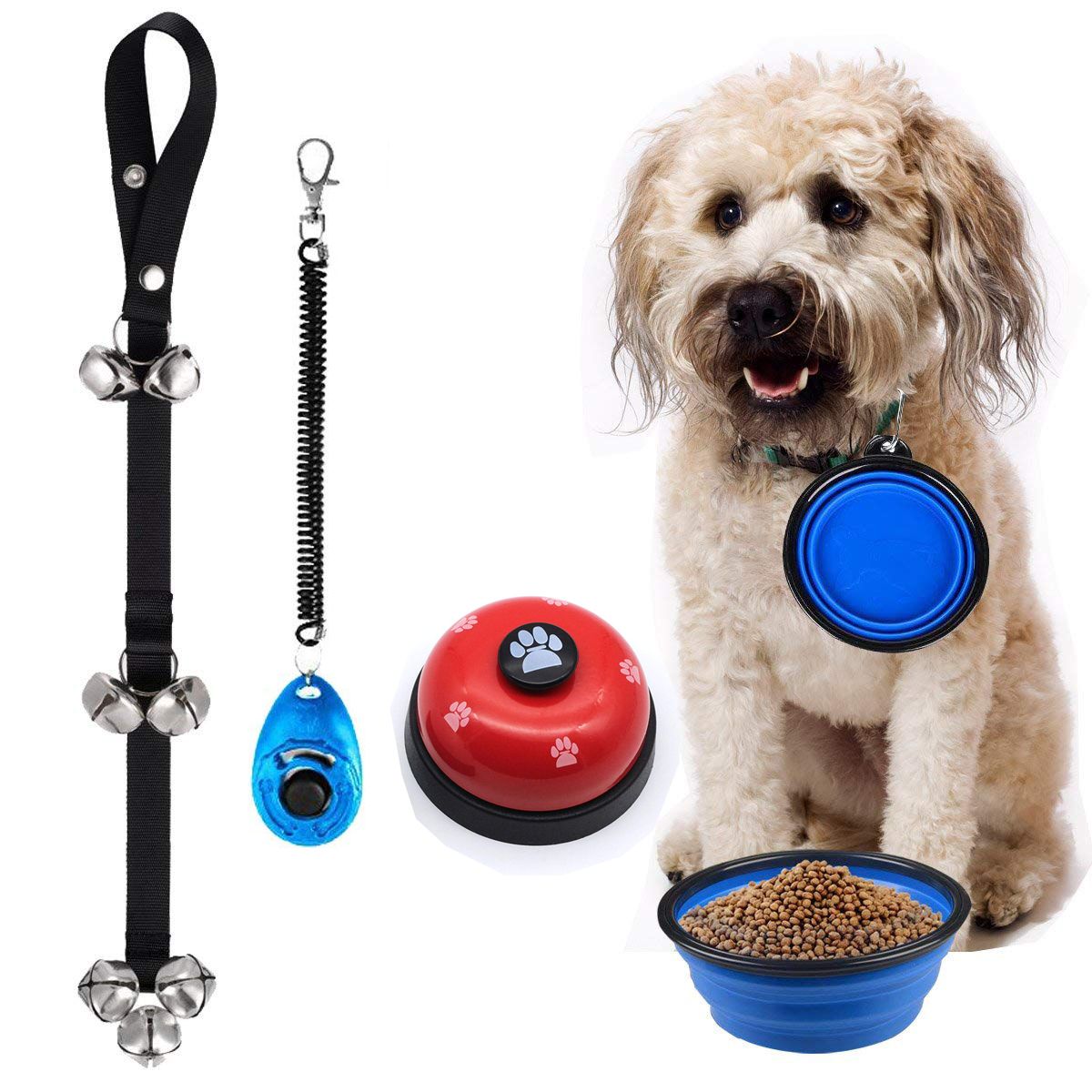 2019 4 In 1 Dog Training Kit Dog Door Bell Pet Cat Dog Collapsible Silicone Bowl Puppy Dog Doorbells Training Clicker Kit Dog Training Bells For From