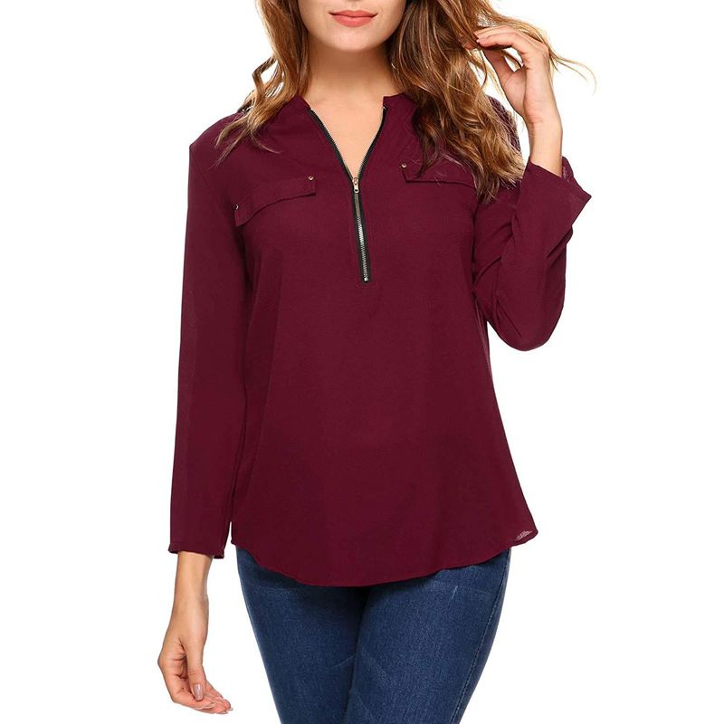Tallas grandes S-5XL Mujeres Cremallera delantera Henley Camisa con cuello v Otoño Invierno Elegante