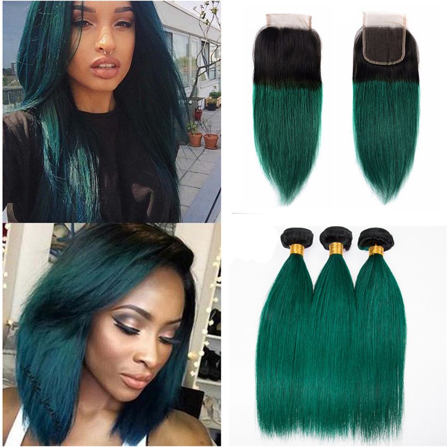Dark Root #1B/Green Ombre Virgin Indian Human Hair 3 Bundles Deals with 4x4 Lace Closure 4Pcs Lot Silky Straight Dark Green Hair Dark Root #1B/Green Ombre Virgin Indian Human Hair 3 Bundles Deals with 4x4 Lace Closure 4Pcs Lot Silky Straight Dark Green Hair