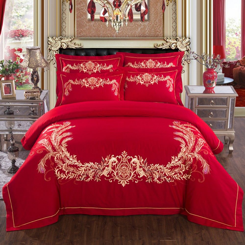 Chinese Wedding Luxury Satin Jacquard Bedding Sets Embroidery