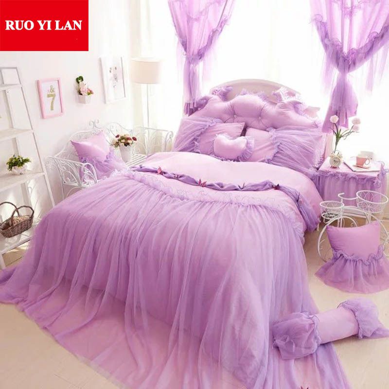 Butterfly Cotton Princess Bedding Set Lace Ruffles Duvet Cover
